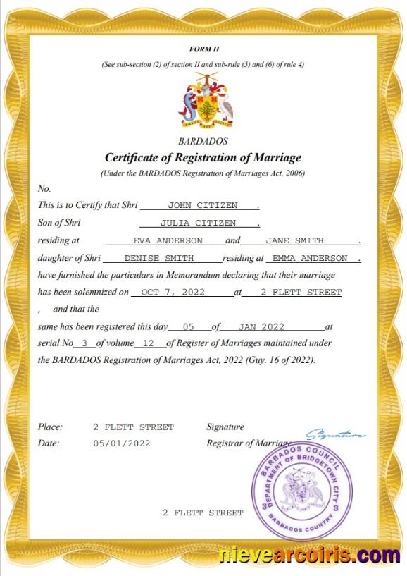 Barbados marriage certificate